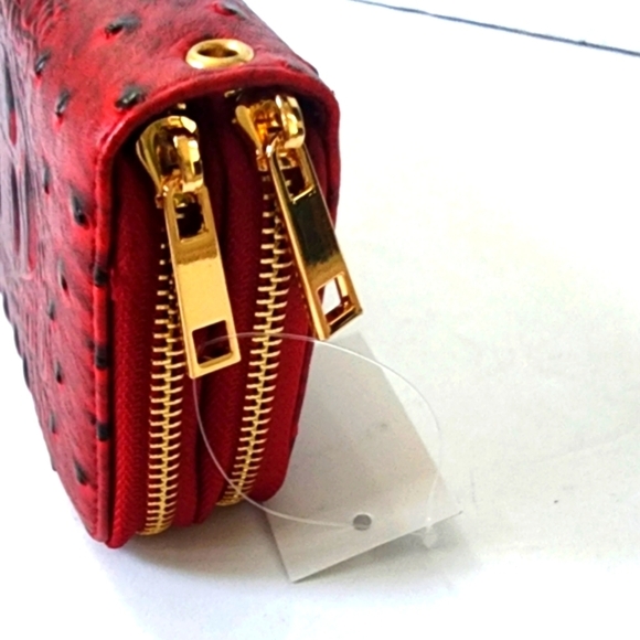 Women's Ostrich Embossed Leather Red Multi Compartment Wallet - Picture 4 of 6